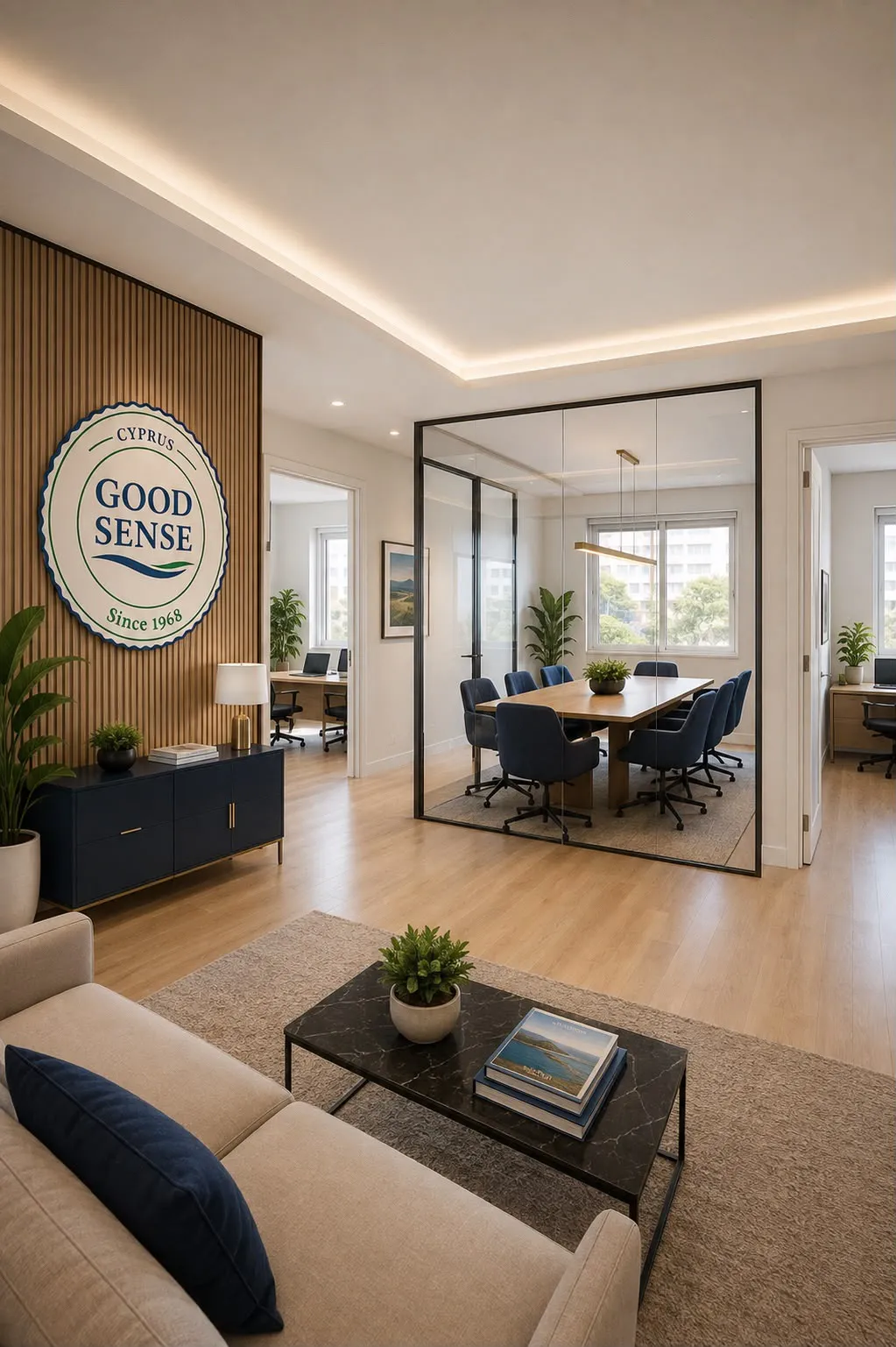 Goodsense ofisi: karşılama alanı, cam bölmeli toplantı odası ve duvarda Goodsense mührü.